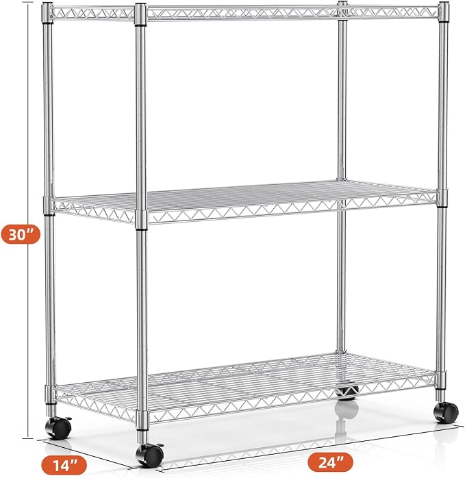 Simple Deluxe Heavy Duty 3-Shelf Shelving Unit with Wheels, Adjustable Steel Wire Shelving, Chrome Metal Shelf Organizer for Kitchen Organization and Storage, 750 lbs Capacity