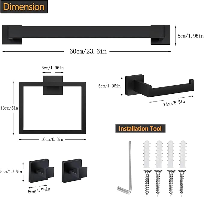 JOPOFI 10 Piece Towel Bar Set - 23.6 Inch Bath Towel Holder - Matte Black | Stainless Steel Towel Racks for Bathroom Wall Mounted, Towel Rod for Bathroom Wall