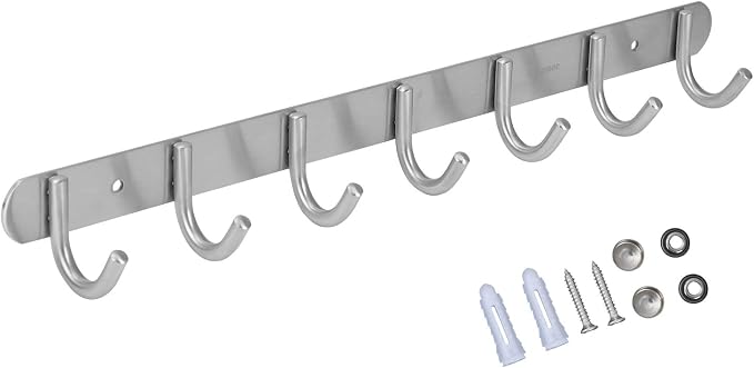 Towel Hook Rack Brushed Nickel - Sagmoc 17-Inch Coat Hook Rail Wall Mounted with 7 Round Hooks, Durable Wall Hangers for Bedroom, Bathroom, Foyer, Hallway (304 Stainless Steel)