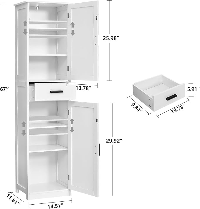 usikey 67'' Tall Bathroom Cabinet, Storage Cabinet with 4 Shelves & 2 Doors, Narrow Storage Cabinets for Bathroom, Living Room, Home Office, White