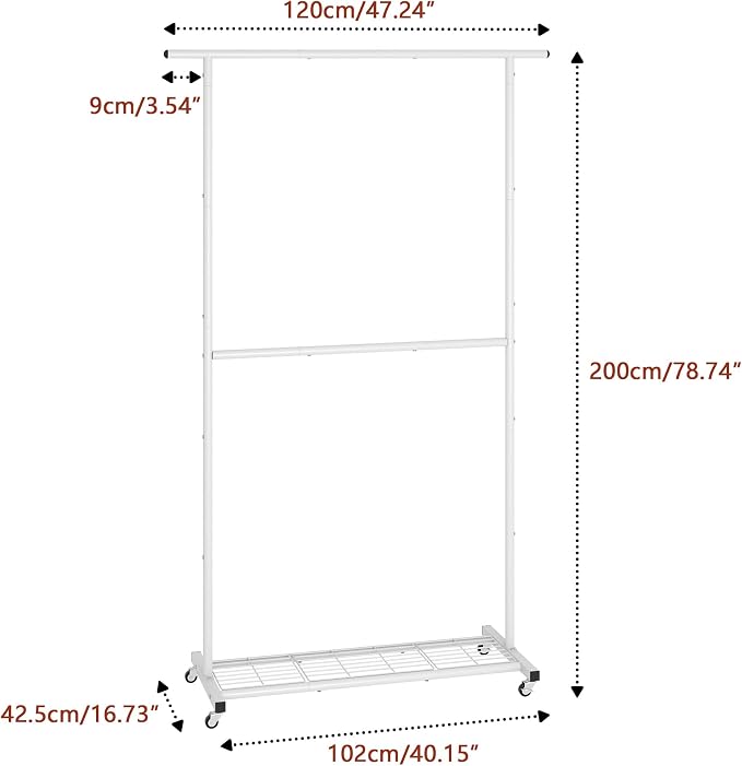 Sywhitta Double Rod Metal Clothing Rack on Wheels with Bottom Mesh,White | Rolling Garment Organizer, for Hanging Clothes,Coats,Easy to Assemble,Space-Saving,Mobile Organizer for Closet