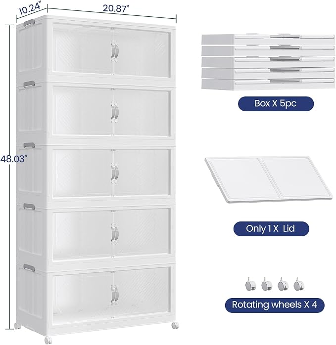 75GAL Plastic Storage Bins with Lid, 300QT Extra Large Stackable Closet Organizers and Storage, Collapsible Storage Boxes with Wheels, Folding Cabinet for Home Kitchen Office, 5Pack White