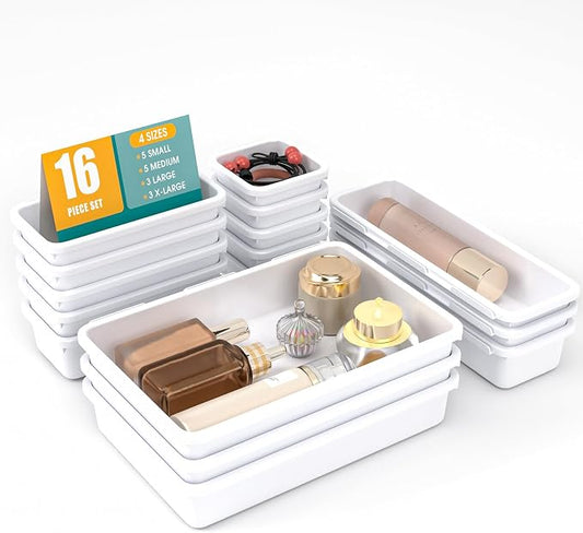 16 PCS Drawer Organizer Set, 4 Size Makeup Drawer Divider Organizer With Non-Slip Pads, Interlocking Plastic Storage Bins for Office,Jewelry Vanity,Gadgets, Bathroom,Kitchen, White