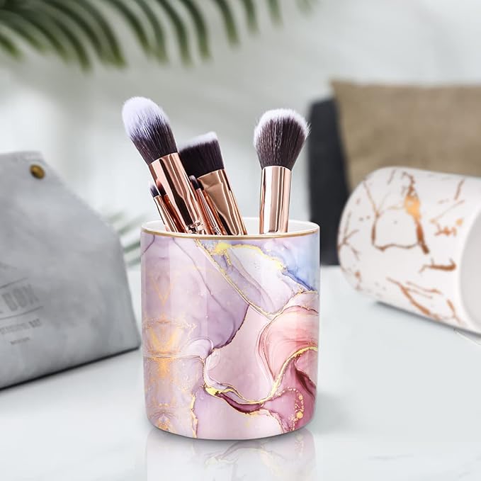 Pink Pen Holder for Desk, Premium Ceramic Pencil Holder Pen Cup Marker Holder Makeup Brush Holders, Desk Accessories & Workspace Organizers for Home, Office,Colorful Marble
