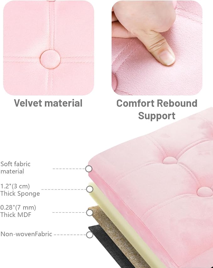 AmasSmile Footrest Ottoman Storage Bench, 34" Velvet Folding Stool, Pink | Large Ottoman with Storage, Thicker Foam Padded Seat, Livingroom, Dorm, Bedroom, Entryway, Easy to install, 34 x 13 x 13in
