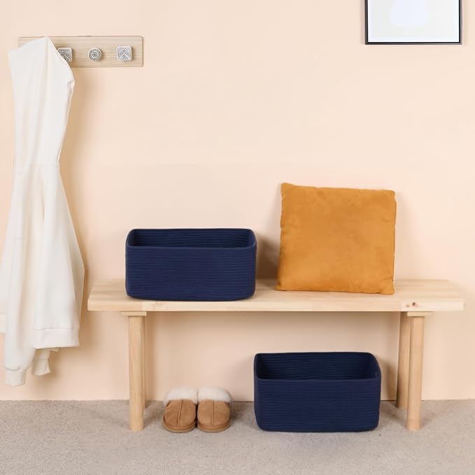 MiniArk Large Storage Baskets for Shelves, 17 x 13 x 7.5” Closet Organizers Bins for Clothes Blanket Towels, Baby Nursery, Toy Baskets Box, Woven Rope Baskets, 3 Packs Navy Blue