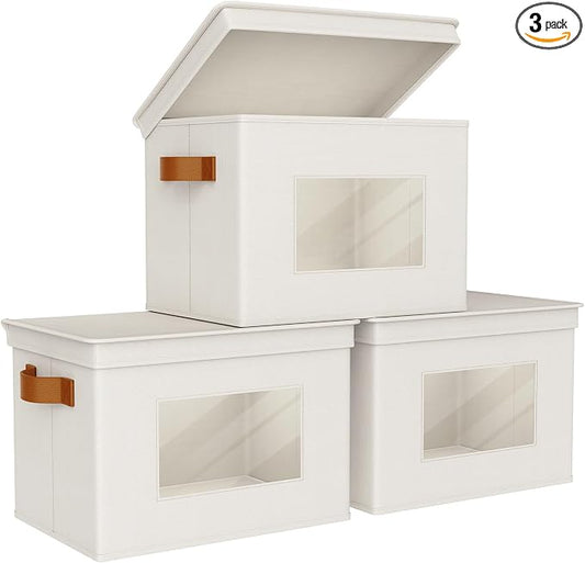 Univivi Storage Boxes with Lids Fabric Foldable Storage Bin for Clothes, [3-Pack] Closet Organizer Containers boxes with Handles for Home, Bedroom, Closet Storage (Beige,17” x 12” x 12")