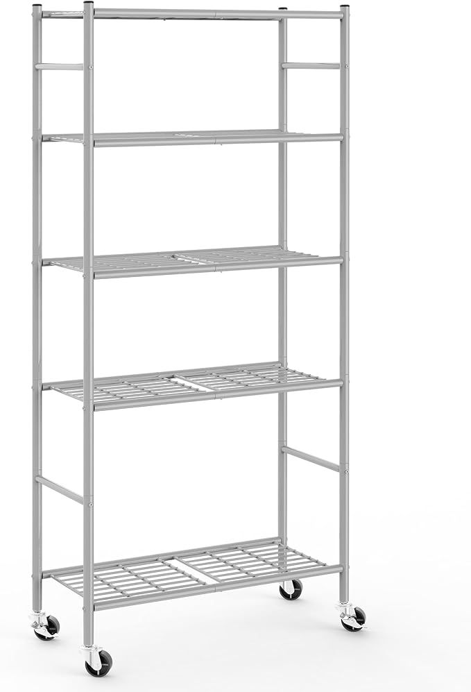 Sakugi 5-Tier Storage Shelves 33.1" x12.6' x73.5 Silver with Wheels | Kitchen, Closet, Pantry, Garage, Heavy Duty, Adjustable Feet, Metal Construction