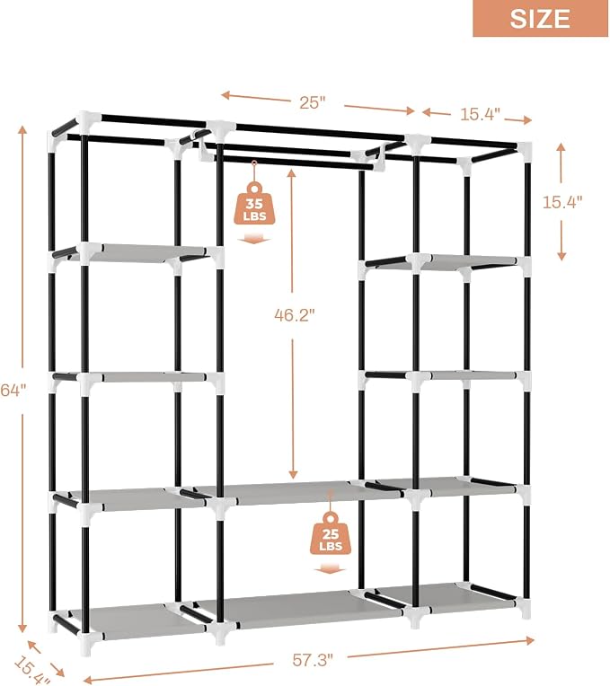 VTRIN Portable Closet Wardrobe for Hanging Clothes 57.3 Inch Large Capacity Clothes Rack with Cover, 10 Storage Organizer Shelves, 1 Hanging Rods and 6 Pockets, Free Standing Closet, White