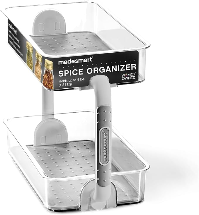 madesmart Two Level Spice Organizer, Grey | tiered layout, label visibility, soft grip lining, cabinet pantry use, seasoning bottles, woman owned