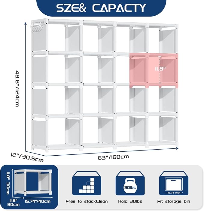 Mavivegue 16 Cube Storage Organizer Book Shelf, Metal Cube Bookshelf, DIY Bookcase, Tall Book Case for Bedroom, Living Room, Office - White
