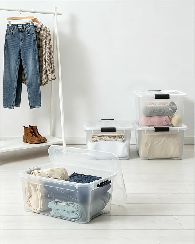 EOENVIVS 15L Clear Storage Bins with Lids, 4 Pack Stackable Plastic Storage Containers with Lids, Latching Storage Boxes and Organizer Bins for Closet, Toys, Crafts and Office