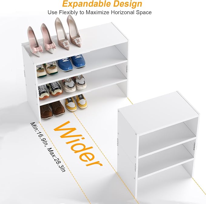 White Shoe Rack Organizer for Closet, 3-Tier Expandable Shoe Shelf, Stackable Iron Wood Combination Shoe Racks Shelves for Closets, Entryway,Small Space,Hallway,Garage,Holds 8-16 Pairs of Shoes