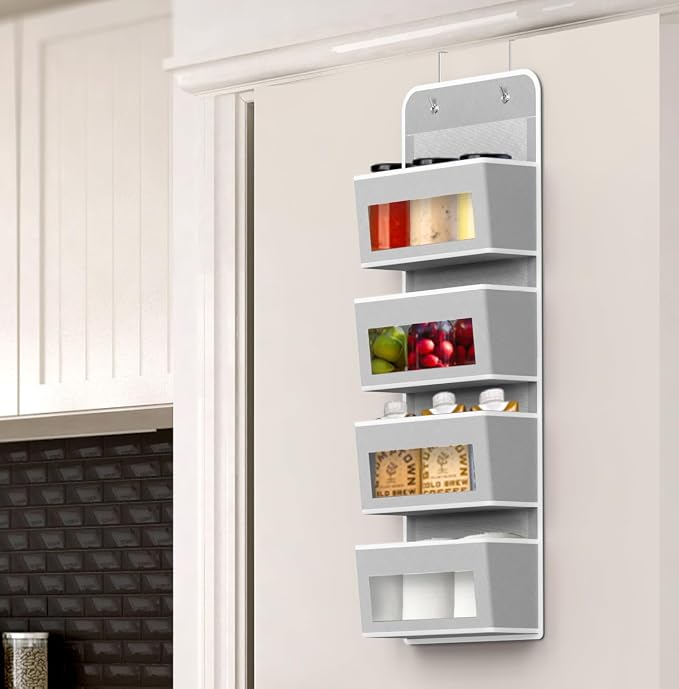 Simple Houseware 4 Clear Window Pocket Over Door Hanging Organizer, Gray | Over the Door Storage for Closet, Bedroom, Bathroom, Pantry