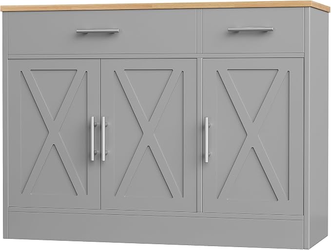Shintenchi Modern Farmhouse Sideboard Buffet Cabinet with Storage with 3 Doors,42" Barn Doors Buffet Cabinet with Storage,Wood Coffee Bar Cabinets with Adjustable Shelf for Kitchen,Living Room,Grey