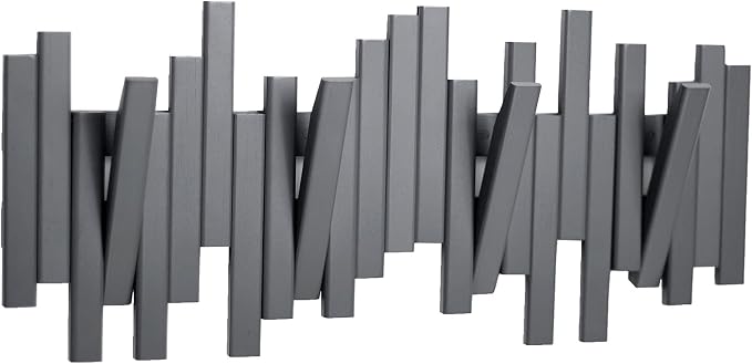 MinBoo Bamboo Multi Hook Coat Rack Modern, Unique, Space-Saving Coat Hanger with 4 Flip-Down Hooks for Hanging Scarves, Key, Hat, Umbrella and More, Gray