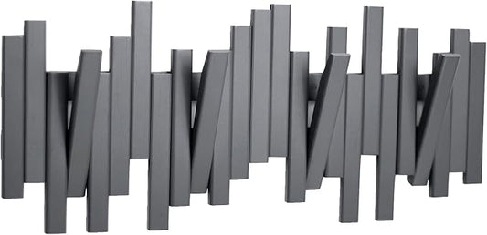MinBoo Bamboo Multi Hook Coat Rack Modern, Unique, Space-Saving Coat Hanger with 4 Flip-Down Hooks for Hanging Scarves, Key, Hat, Umbrella and More, Gray