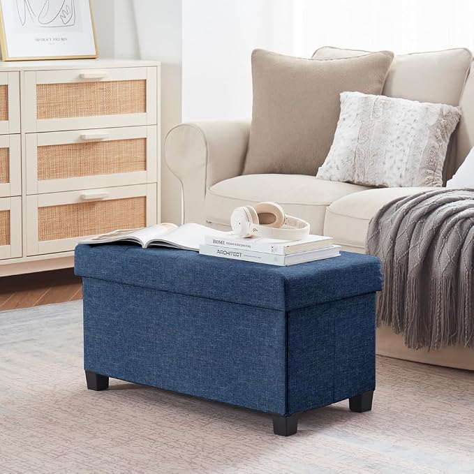 Ornavo Home 30" Large Storage Ottoman Bench with Legs, Navy Blue | Foot Rest Stool; Ottoman with Hidden Storage; Ideal for Bedroom, Living Room, Entryway or Home Office