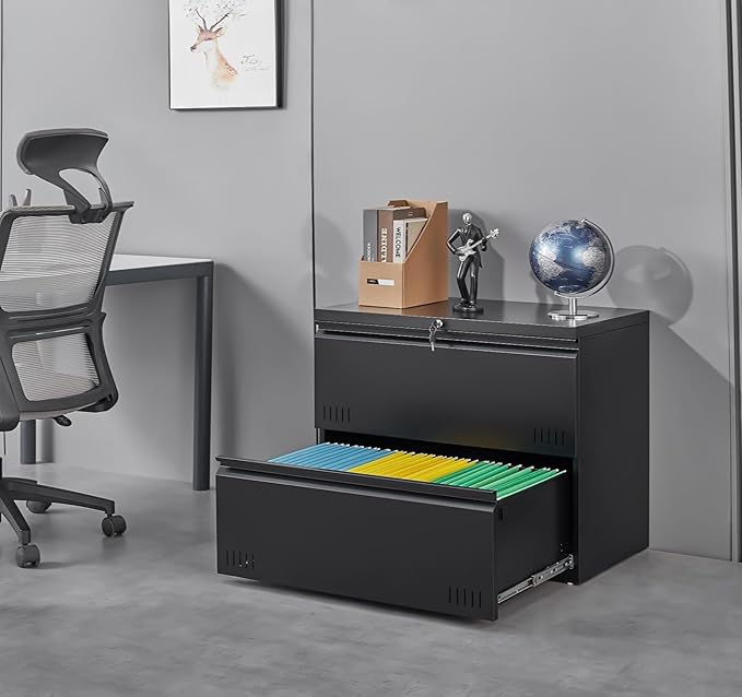 Guizeeopo Metal File Cabinet with Lock, 2 Drawer Lateral File Cabinets for Home Office, Printer Stand, Heavy Duty Office Storage Cabinet for A4/Letter/Legal Size, Assembly Required(Black)