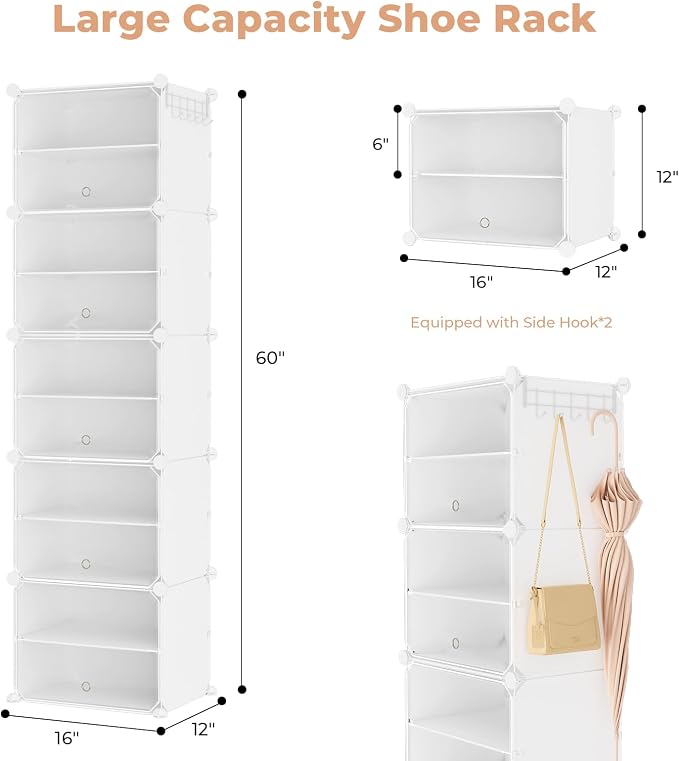 Shoe Rack 10 Tier Shoe Storage Cabinet with Door 20 Pair Tall Shoes Rack Organizer Free Standing Expandable Stable Plastic Easy Assembly Shoes Shelf for Closet Hallway Entryway Bedroom White