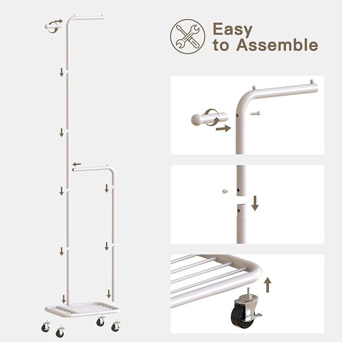 Small Rolling Clothing Rack with Shelf, Narrow Clothes Rack with Wheels | Gasvadivum 71" Tall Sturdy Metal Garment Rack with Hanging Rod, Freestanding Portable Coat Rack for Bedroom, Entryway, White