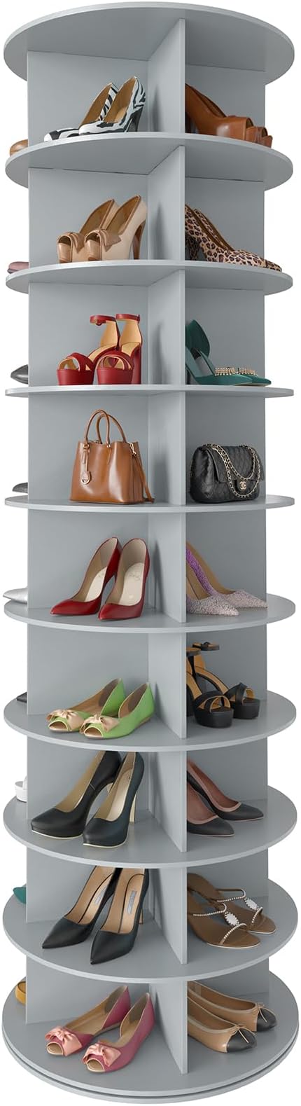 SpaceAid 9 Tier Rotating Shoe Rack Tower, Spinning Shoe Display Lazy Susan, Revolving 360 Shoe Rack Storage Round Carousel, Vertical Handbag Rotate Shoes Closet Organization (9-Tier Gray)