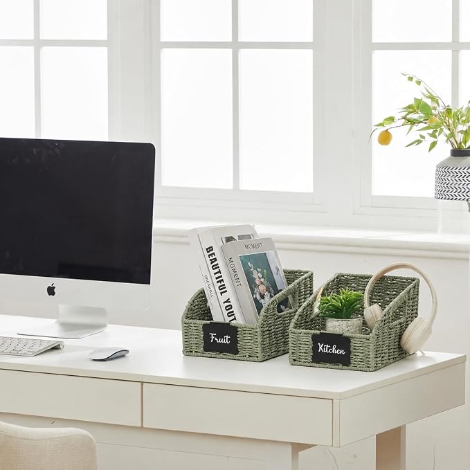Pantry Organizers, Handwoven Large Wicker Baskets for Shelves, Labeled Storage Baskets for Organizing with Handles - Paper Storage Bins for Shelves, 3 Pack, Green