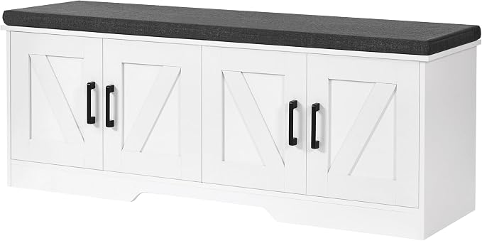 HOMSHO Farmhouse Shoe Storage Bench with 4 Barn Doors & Padded Seat Cushion | 47.2" Wide Entryway Bench with Adjustable Shelves & Hidden Storage, White