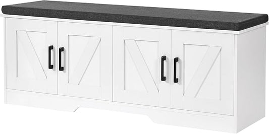 HOMSHO Farmhouse Shoe Storage Bench with 4 Barn Doors & Padded Seat Cushion | 47.2" Wide Entryway Bench with Adjustable Shelves & Hidden Storage, White