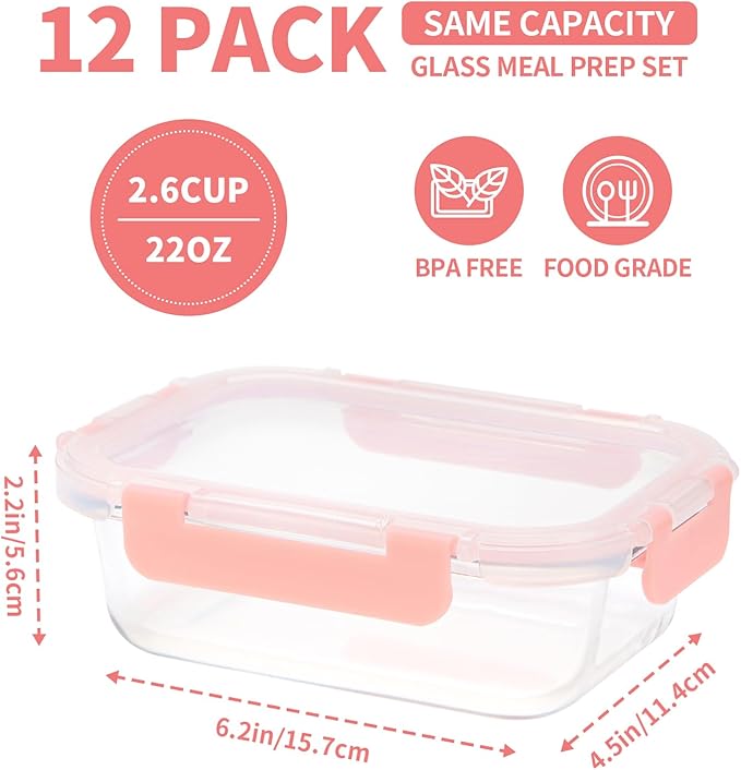 GULFLIN 12-Pack, 22oz Glass Meal Prep Containers with Lids, Pink Set | Glass Food Storage Containers, Great for Leftovers and Taking Your Lunch to Work. Perfect size.
