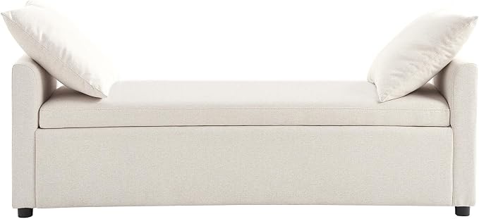 HULALA HOME 59" Storage Bench with 2 Throw Pillows & Armrests, Linen | Modern Long Bedroom Bench for End of Bed, Comfy Upholstered Fabric Footstool for Entryway Living Room