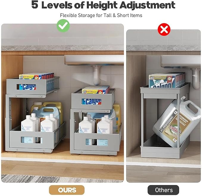 Under Sink Organizer,2-Tier Dual Pull Out Cabinet Organizer Drawers With Smooth Circular Rail,Large Capacity Metal Mesh Sliding Shelves For Bathroom& Kitchen Storage,Height Adjustable–Gun Gray,2 Packs