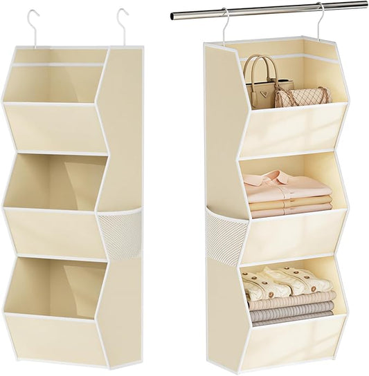 Hanging Closet Organizer 3 Shelf Collapsible Fabric Closet Organizers and Storage Hanging with Mesh Pocket for Clothes, Hanging Wardrobe Organizers and Storage for Sweater T-Shirt Shoes Toys, Beige