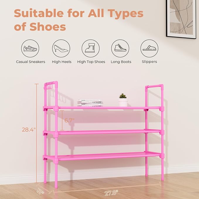 LANTEFUL 3 Tier Shoe Rack for Closet, Shoe Organizer with 5 Hooks, Long Shoe Shelf Storage for Shoe and Boot Stackable Free Standing Shoe Rack for Entryway, Garage, Small Spaces, Dorm, Pink