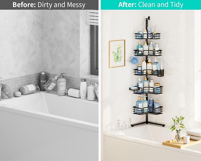 HapiRm Corner Shower Caddy Stand - 5-Tier Adjustable Shower Shelves, Black | Rustproof Stainless Steel, 4 Hooks, Soap and Toothbrush Holders, Large Capacity Shower Organizer for Tall Bottles, No-drill