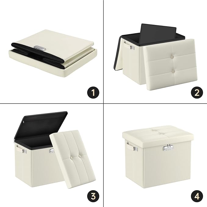 DocSafe Storage Ottoman with Lock,Fireproof＆Waterproof 17 Inches Folding Storage Box with Handles Safe for Important Documents,Leather Storage Ottoman Storage Chest for Living Room,Bedroom,Beige