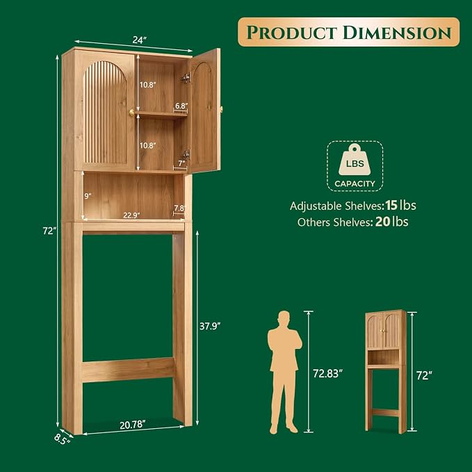 72" Over The Toilet Storage Cabinet, Modern Over Toilet Bathroom Organizer Shelf with Fluted Arched Doors, Wooden Free Standing Bathroom Storage Cabinet with Adjustable Shelf, Space Saver, Natural Oak