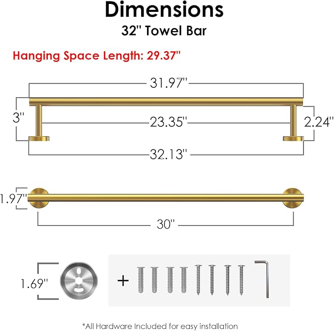 FORIOUS Towel Bar 30" Towel Racks for Bathroom Wall Mounted Brushed Gold | Total Length 32 Inch, Rustproof, Stainless Steel Towel Holder, Wall Mounted for Bathroom Bedroom, Heavy Duty, Space Saving