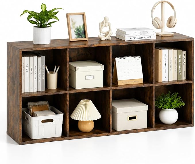 POWERSTONE 8 Cube Storage Organizer, Open Cube Bookshelf with Back Panels, Modern Display Cubby Bookcase for Bedroom Living Room Home Office, Rustic Brown