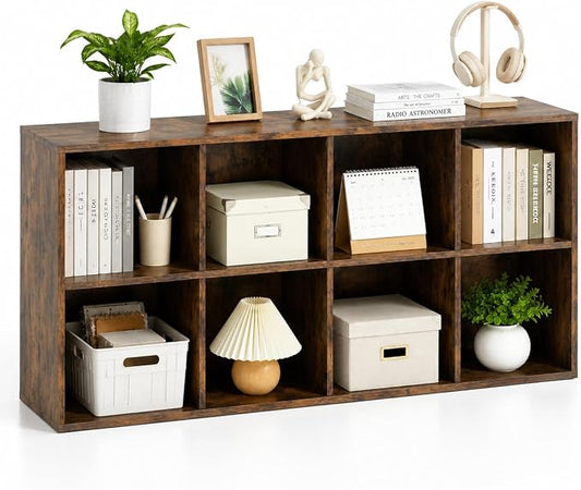 POWERSTONE 8 Cube Storage Organizer, Open Cube Bookshelf with Back Panels, Modern Display Cubby Bookcase for Bedroom Living Room Home Office, Rustic Brown