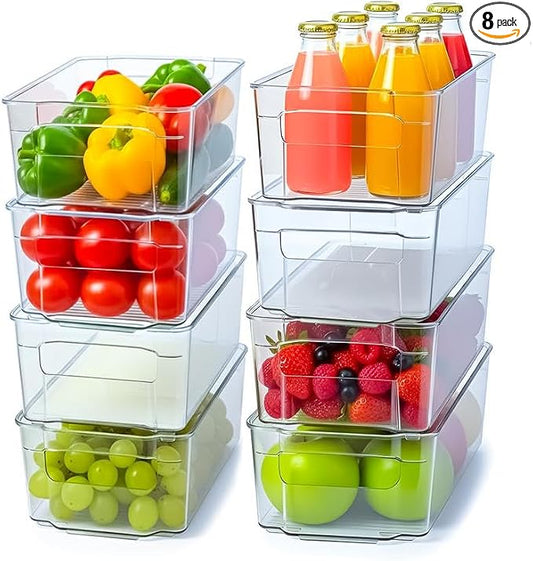 Utopia Home - Fridge & Refrigerator Organizer Bins (8 Pack), Clear Stackable Durable Plastic Storage Containers with Easy Grip Handles for Pantry, Kitchen Cabinets & Countertops (8)