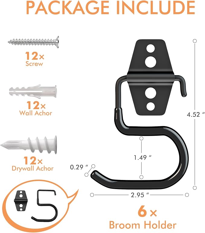 Broom Holder Wall Mount, 6 Pack Tool Hangers Garage Wall Hanging Organizer | Heavy Duty Rubber Coated Steel, Large S Garage Hooks for Mop Shovel Rake Shed Garden Lawn Yard Handle Tools Organization