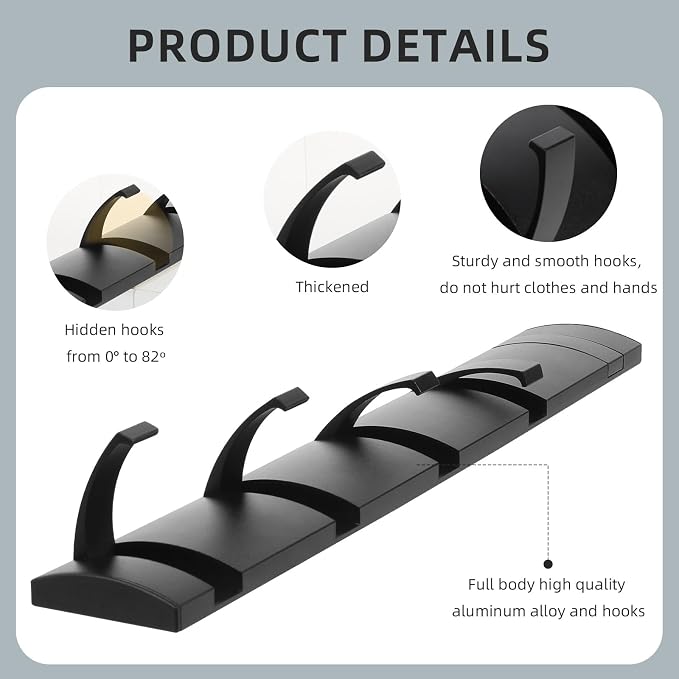 Foldable Stylish Modern Hook Rack with 5 Hooks, Coat Hooks Wall Mount, Metal Coat Hook Rail for Coat Hat Towel Purse Robes Mudroom Bathroom Entryway (Black)