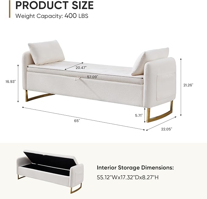 65" Storage Ottoman Bench, Storage Bench for Bedroom, End of Bed Storage Bench with Tufted Upholstered and Gold Legs, Bedroom Benches with Arms Window and Entryway, Chenille Cream