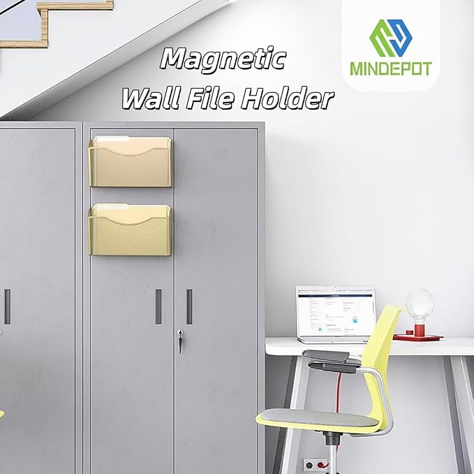 MINDEPOT Magnetic Wall File Organizer, Hanging File Holder, 3 Pack, Gold | Heavy Duty Iron, Powerful Magnet, Metal Mesh Wall Mount, Single Pocket, for Office School Classroom Home, Letter A4 Size