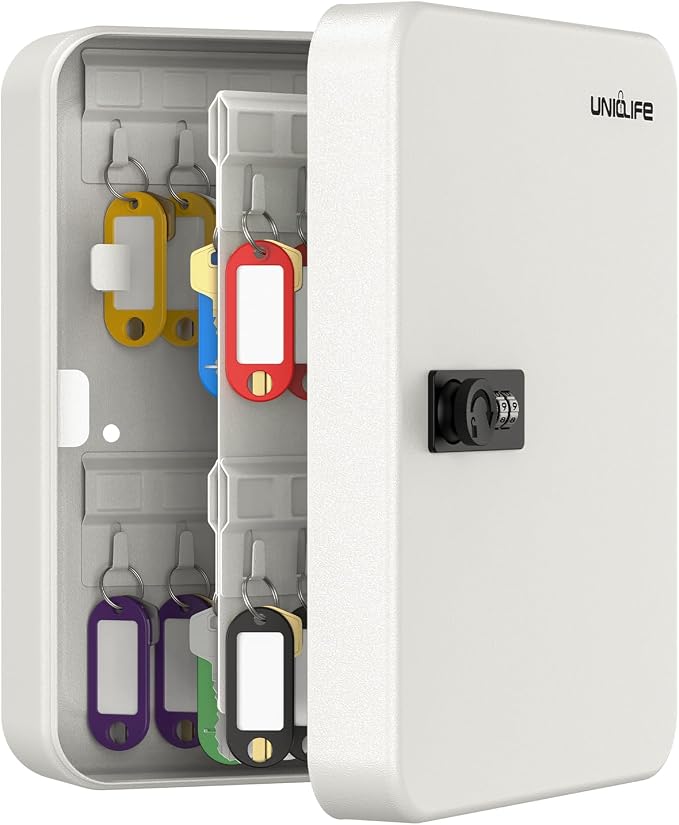Uniclife 48 Position Key Cabinet with Combination Lock Resettable White Digital Security Storage Box Steel Key Organizer with Colorful Key Tag Labels Stickers and Hooks