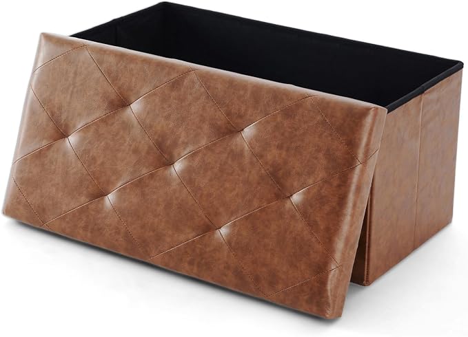 DUMOS 30 Inch Folding Ottoman with Storage Bench, Foot Rest Stool Ottoman | Upholstered End of Bed Storage Bench, Storage Ottoman Loads 660 Lbs for Bedroom, Living Room, Synthetic Leather, Brown