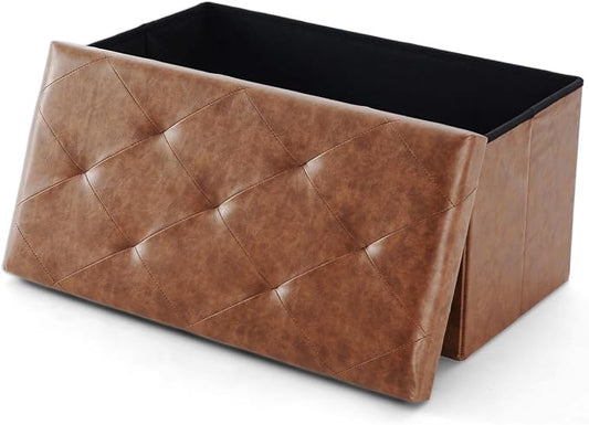 DUMOS 30 Inch Folding Ottoman with Storage Bench, Foot Rest Stool Ottoman | Upholstered End of Bed Storage Bench, Storage Ottoman Loads 660 Lbs for Bedroom, Living Room, Synthetic Leather, Brown