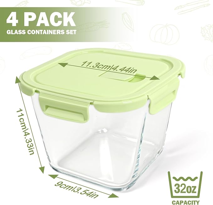 Borosilicate Glass Soup Containers with Lids, 4 Cup/32 oz, 4 Pack | Microwave Dishwasher Oven Freezer Safe | Airtight Leak Proof | Food Grade | Square Soup Meal Prep | Lunch | Food Storage Set