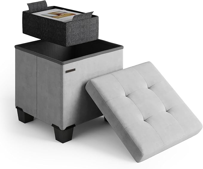 Storage Ottoman Cube with Small Bin, 15-in Square Ottoman with Storage for Living Room and Bedroom, Small Ottomans Foot Rest, Velvet Foot Stools Ottomans Max 330lbs, Light Grey